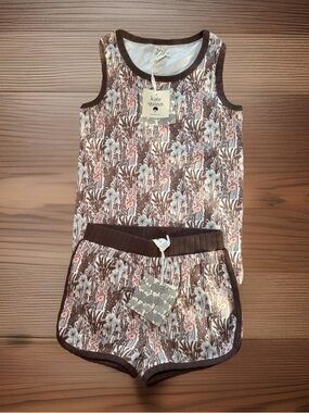 kate quinn 5T Brown & Pink Floral Mushroom Tank and Shorts Set Organic Cotton